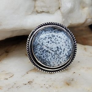 Large Natural Cabochon Dolomite Stone Rhodium /925 Silver Ring